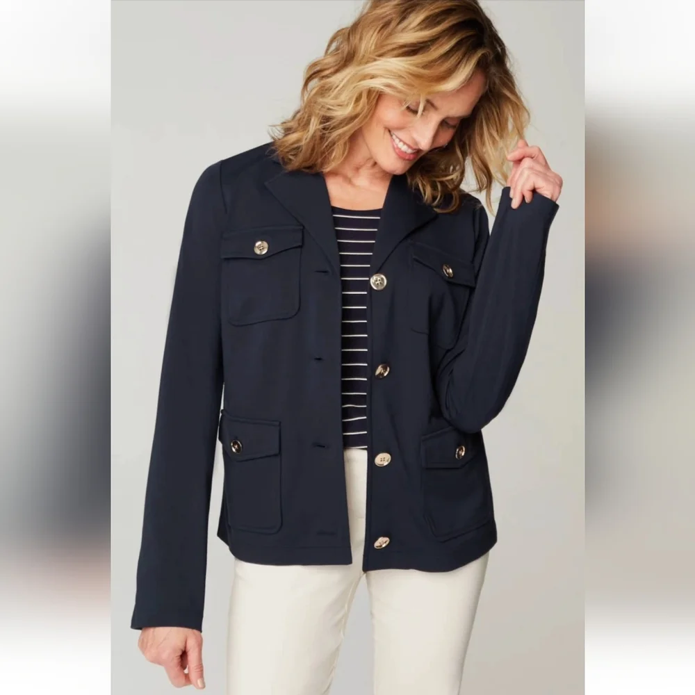 J. Jill Wearever Button Front Jacket Pockets Navy Blue Sz M Career Classic - Picture 1 of 14